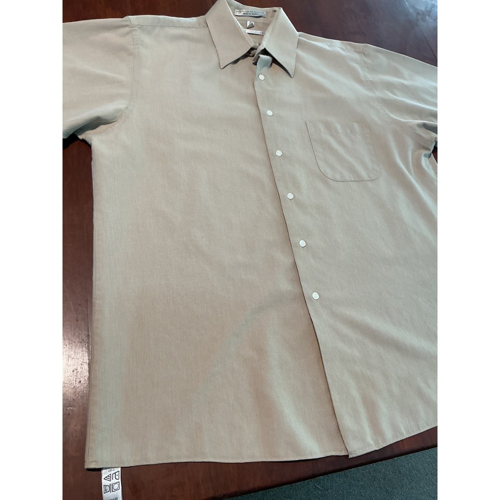 Geoffrey Beene Mens Tan Micro Check Button Down Shirt 16.5 32/33 Wrinkle Resist